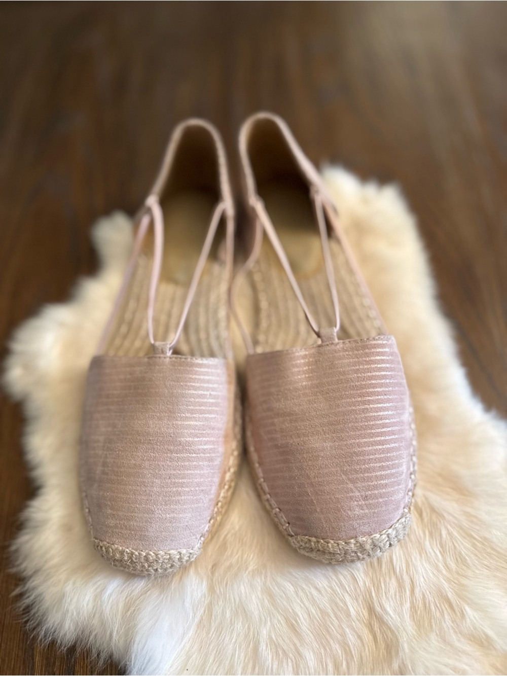 Eileen Fisher Espadrille Flats — Size 8.5 — Rose Gold Shimmer, Jute Sole